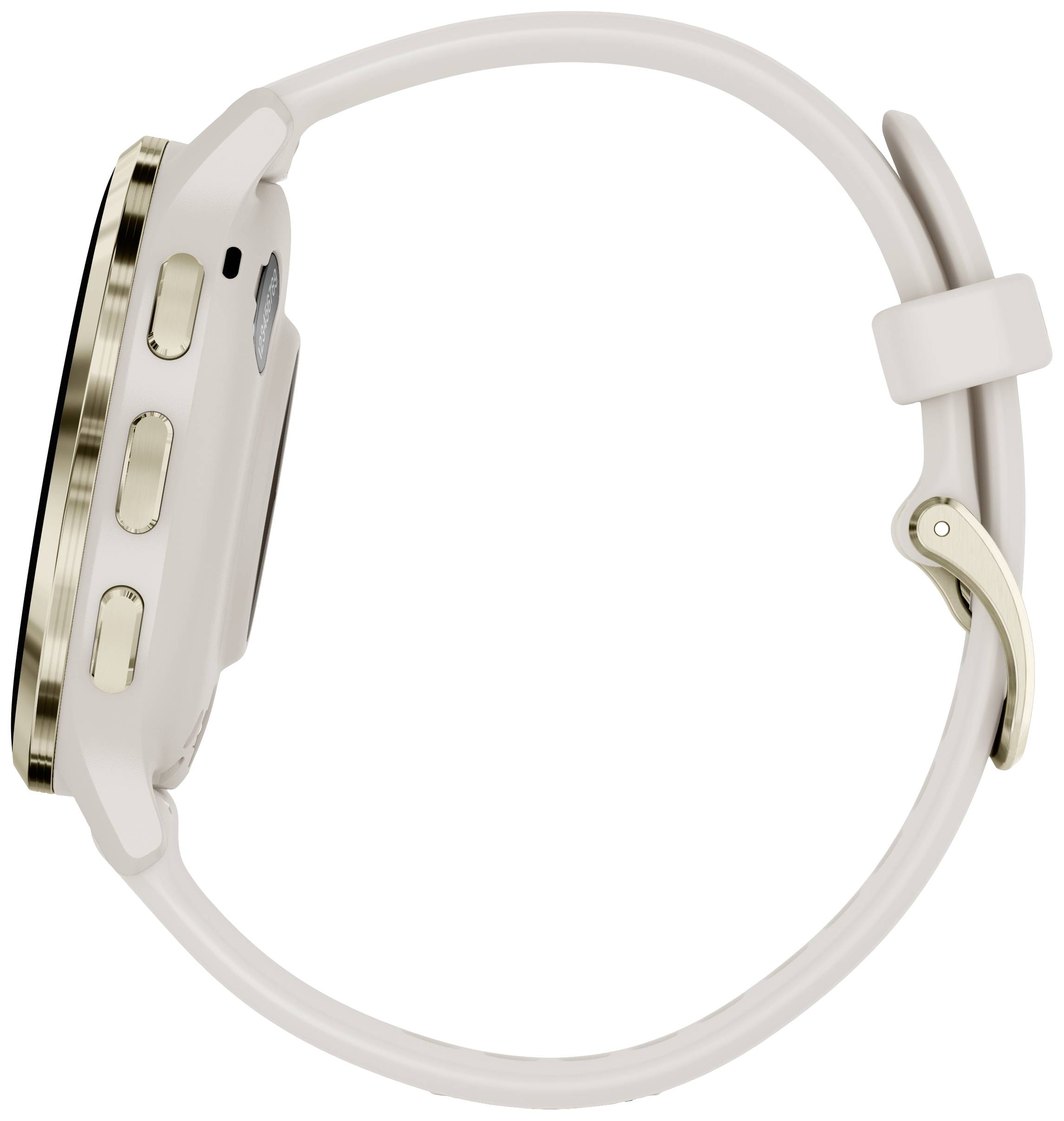 Smartwatch viewed from the side with a round dial and two buttons on the left side, gold-coloured casing, beige strap.