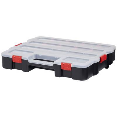 Black tool case with transparent lid and red locking mechanism, portable with integrated handle, suitable for tools.