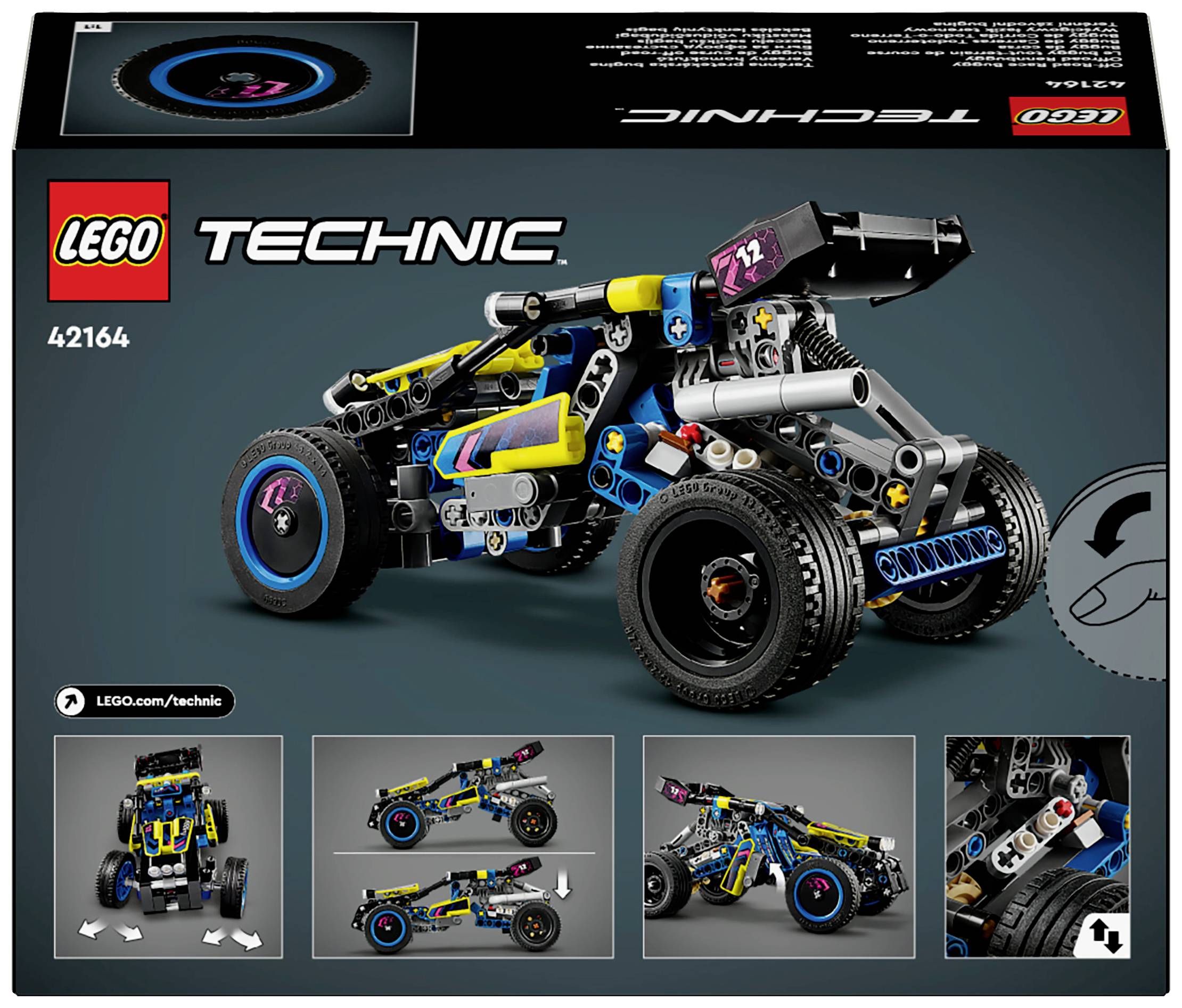 LEGO Technic Set 42164 packaging shows a racing car model with movable parts, coloured details, and building instructions.