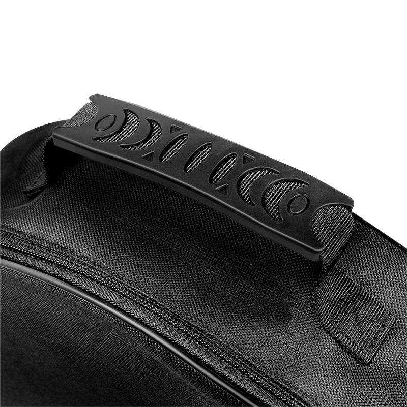 Black suitcase handle with textured design, photographed in close-up.