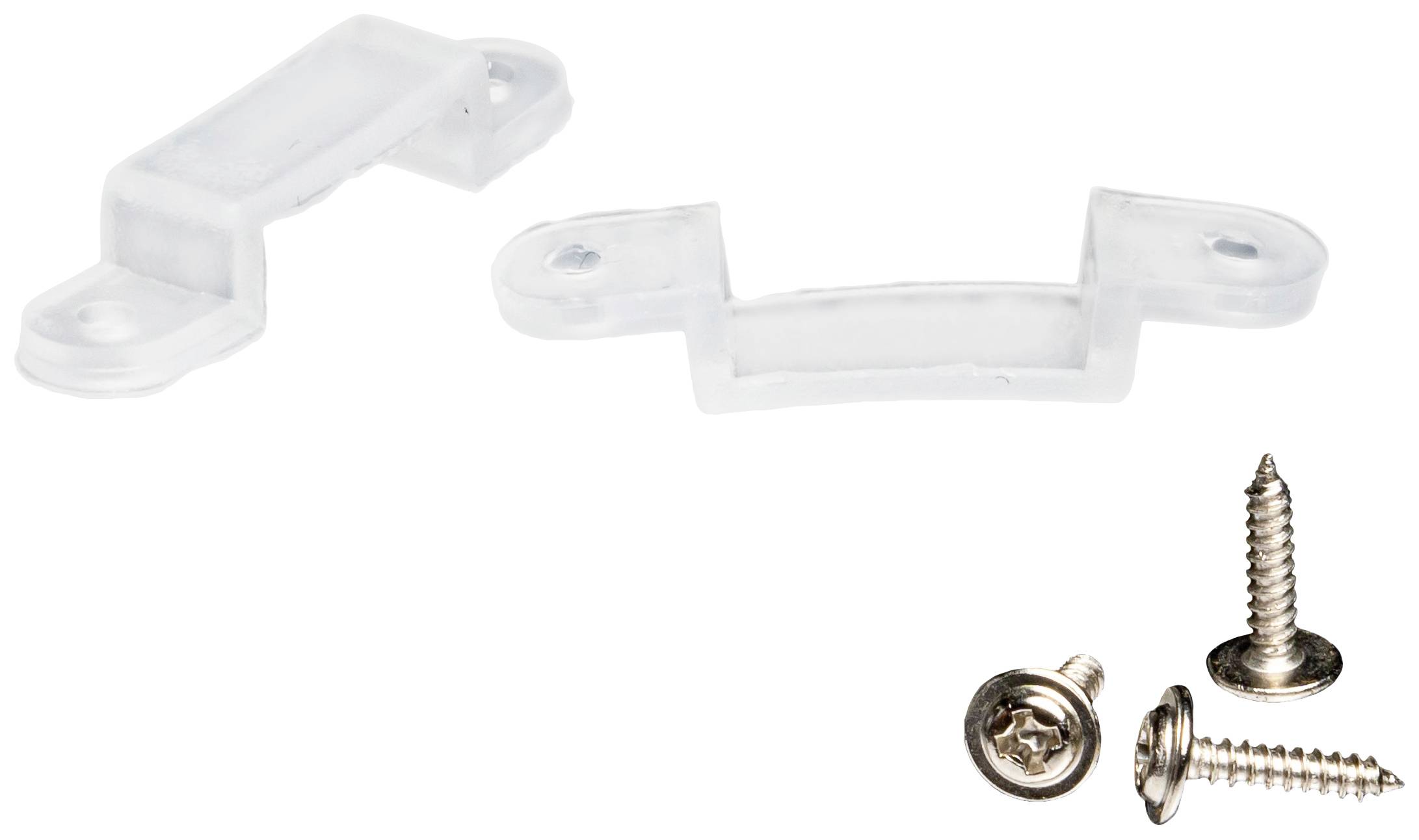 Two transparent plastic mounting brackets and three metal screws on a white background. Primary function: fastening material.
