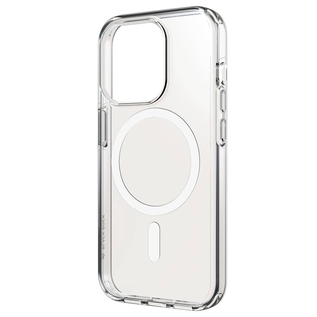 Translucent smartphone case with a circular design, demonstrates port compatibility, protects corners and back panel.