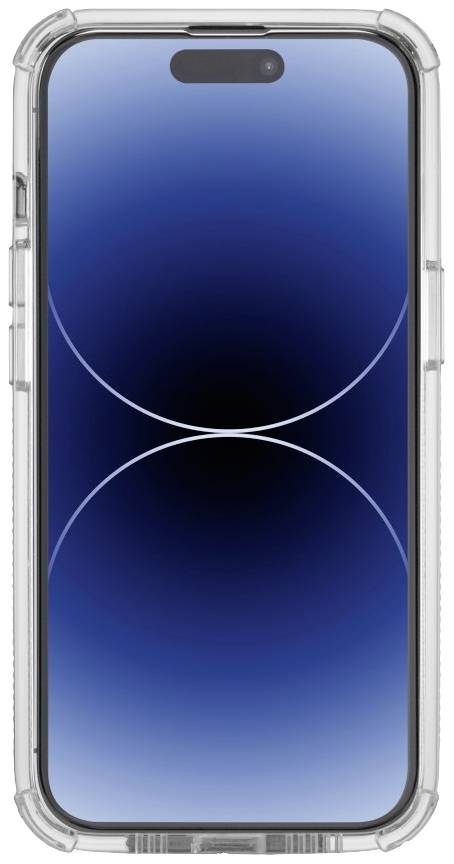 Smartphone with a blue screen and transparent protective case, shown from the front.