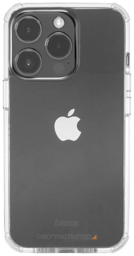 Mobile phone with a clear protective case, showing the back with camera and Apple logo.