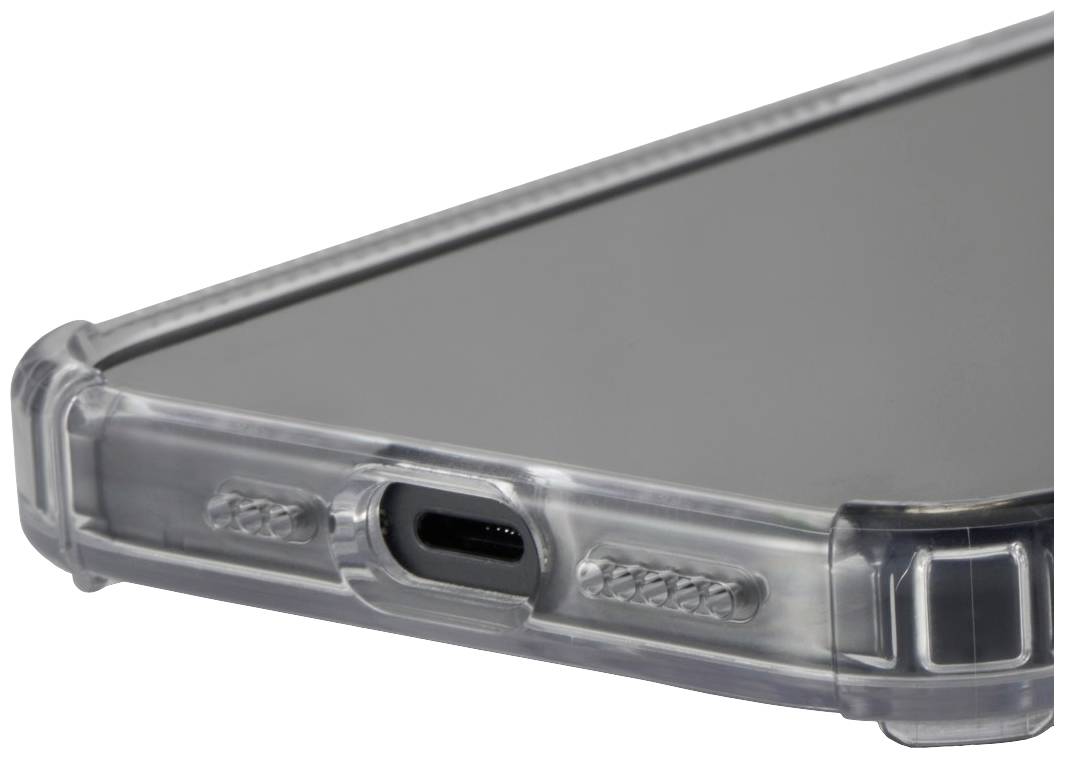 Close-up of a transparent phone case protecting part of a smartphone with a USB-C port.