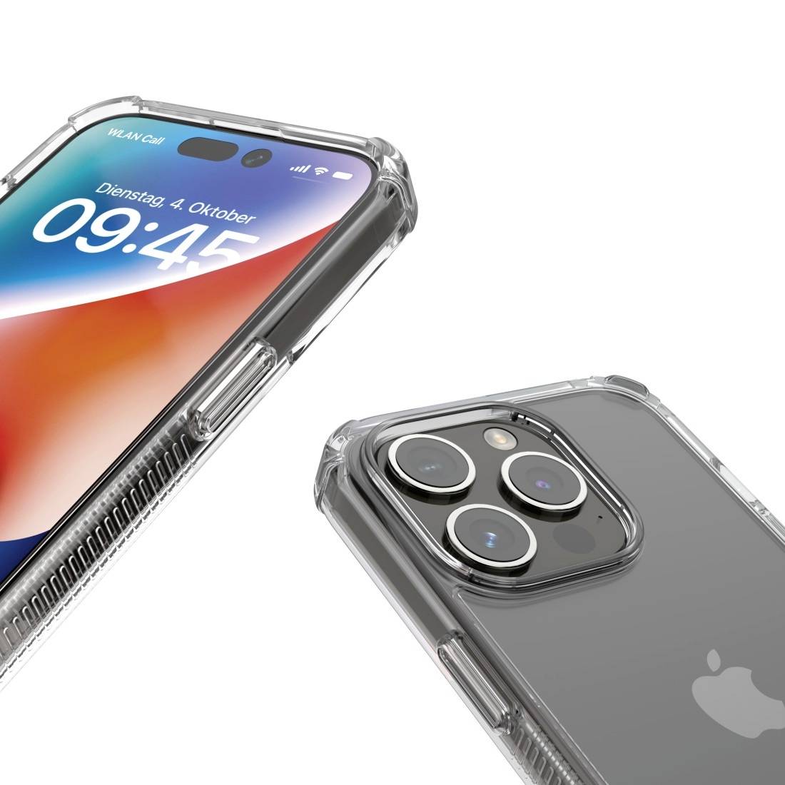 Two grey smartphones with transparent cases, one displaying the screen with time and date, the other showing the rear cameras.