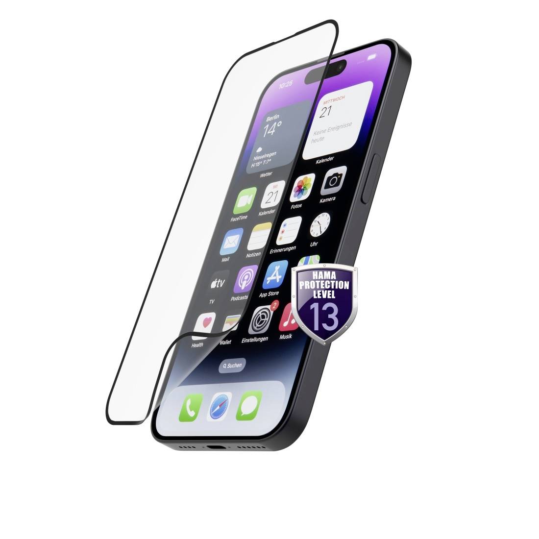 Smartphone with apps displayed on the screen, with a protective film reading 'HAM Protection Level 13', rugged design and rounded corners.