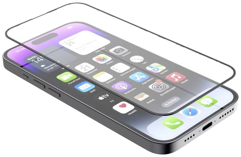 Smartphone with a coloured display and home screen apps, including Messages, Camera and Settings. Screen displays the 14th as the date.