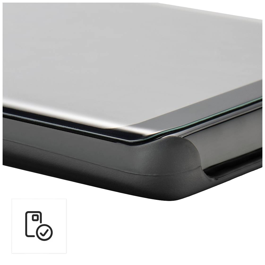 Close-up of a closed laptop sleeve with rounded corners and a smooth surface. In the foreground, a symbol for device protection.