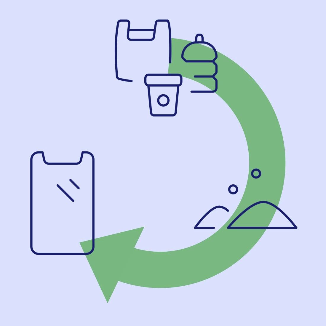 Circular Economy Process: Plastic bottles and cups are recycled to create new products. Arrows show the recycling cycle.