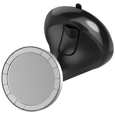 A round, smooth magnet on a black, ergonomically shaped mount. Suitable for attaching to a surface.