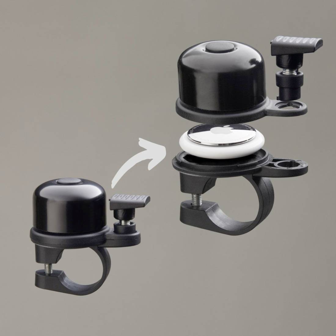 'Bicycle bell with interchangeable top' shows two parts: a complete bell head and the mounting bracket beneath it.