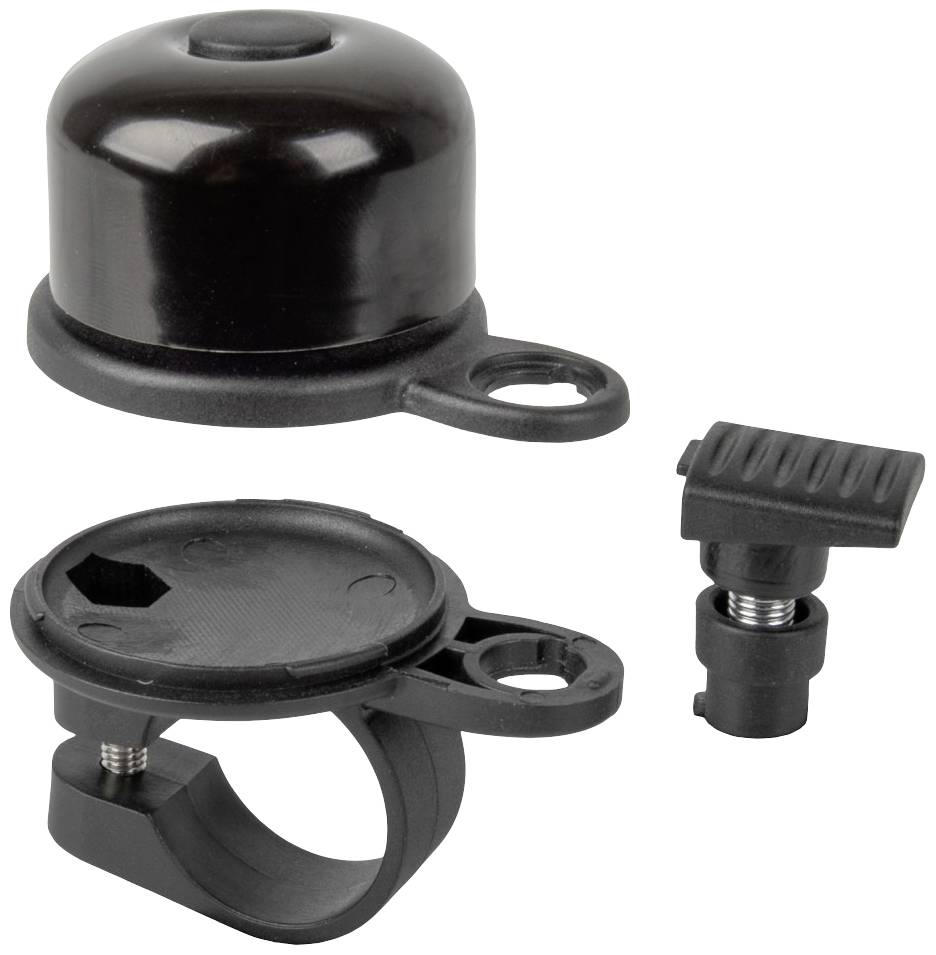 Bicycle bell with black bell head, mount and screw, suitable for attachment to handlebars of various sizes.