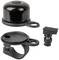 Bicycle bell with black bell head, mount and screw, suitable for attachment to handlebars of various sizes.