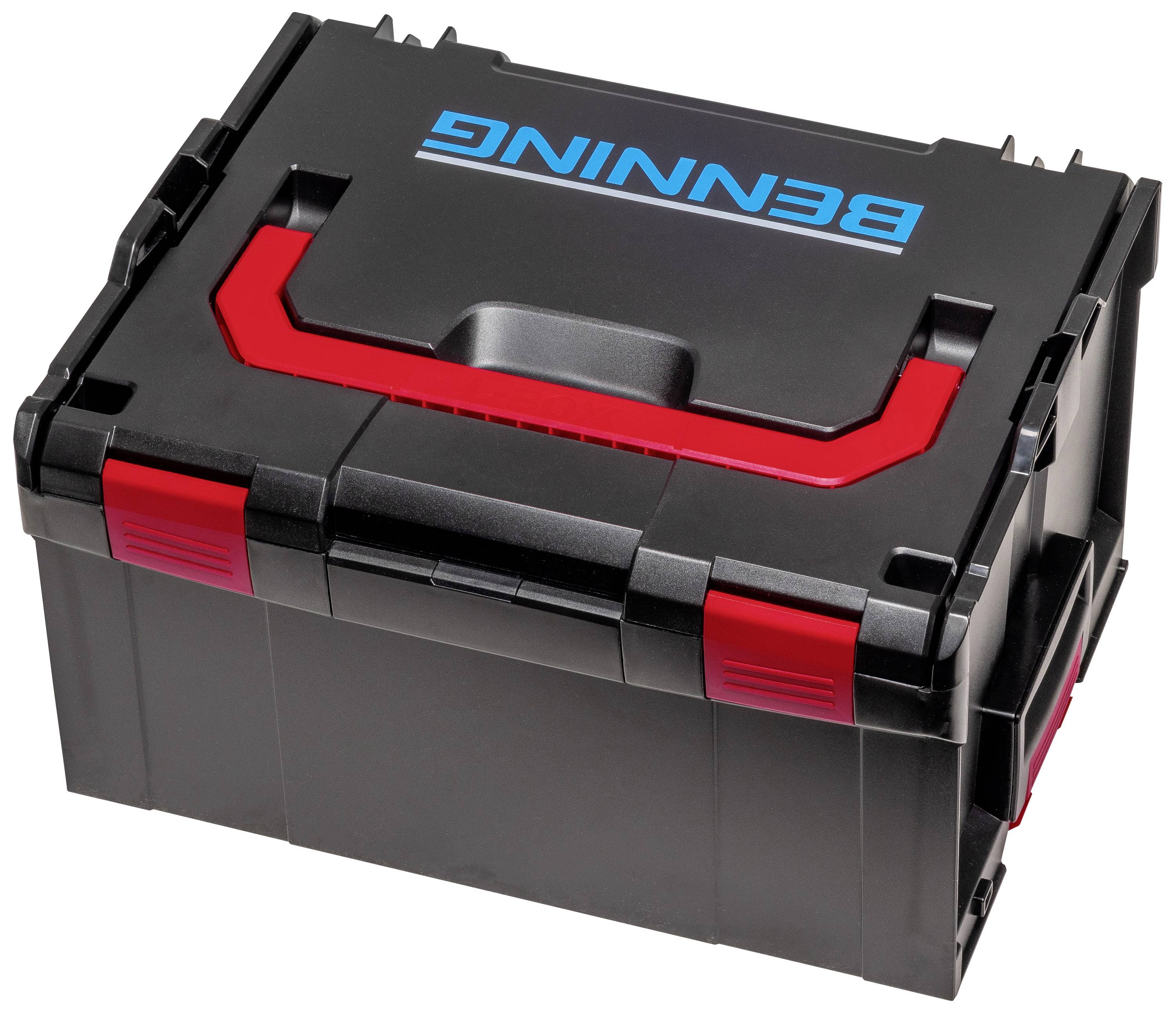 Black tool case with red handles and blue lettering on the lid.
