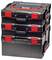 Stacked black and red modular toolboxes with handles and latches, shown as a three-tier storage system on a white background.