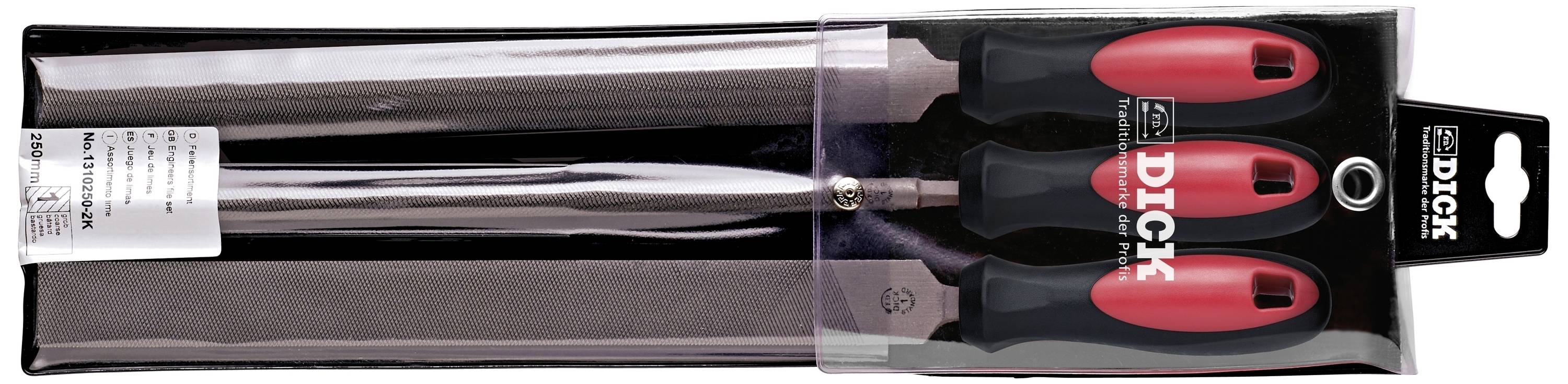 Three red and black tools with handles in a transparent packaging, suitable for sharpening knives or other blades.