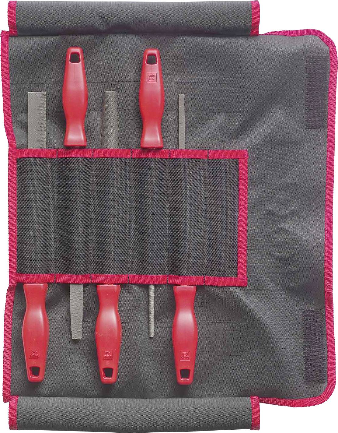 A black tool case with five files that have red handles. The files are organized in pockets within the case.