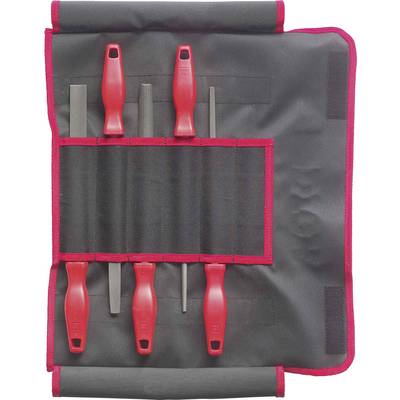 A black tool case with five files that have red handles. The files are organized in pockets within the case.