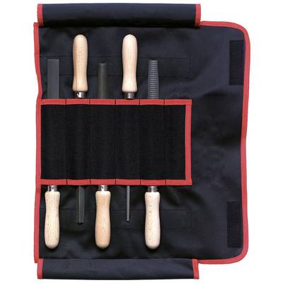 A set of wood files with different handles and blade shapes in a rolled black and red tool bag.