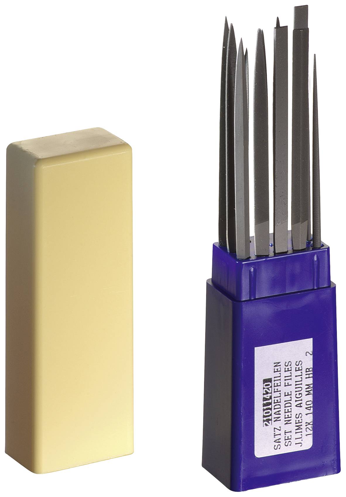 A set of several slim needle files in a blue plastic holder. The files are differently shaped for precise filing.