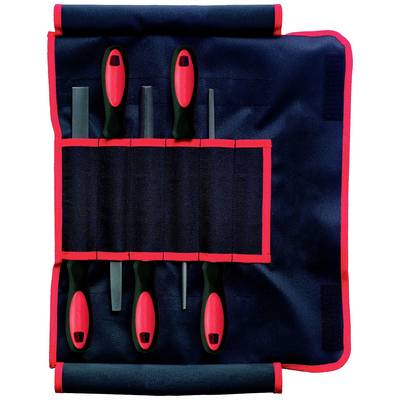 A tool set with five files in an open, black and red tool bag.