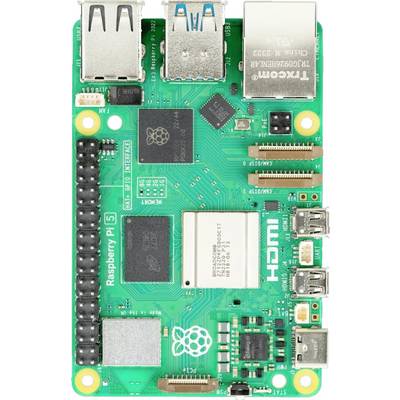 A green Raspberry Pi 5 circuit board with multiple ports and chips, including HDMI and USB ports.