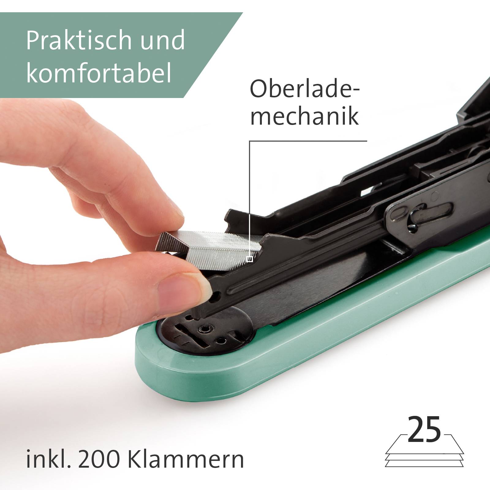 A hand is placing clips into a green folder labelled 'Upper Loading Mechanism'. Text in the image: 'Practical and convenient', 'incl. 200 clips'.