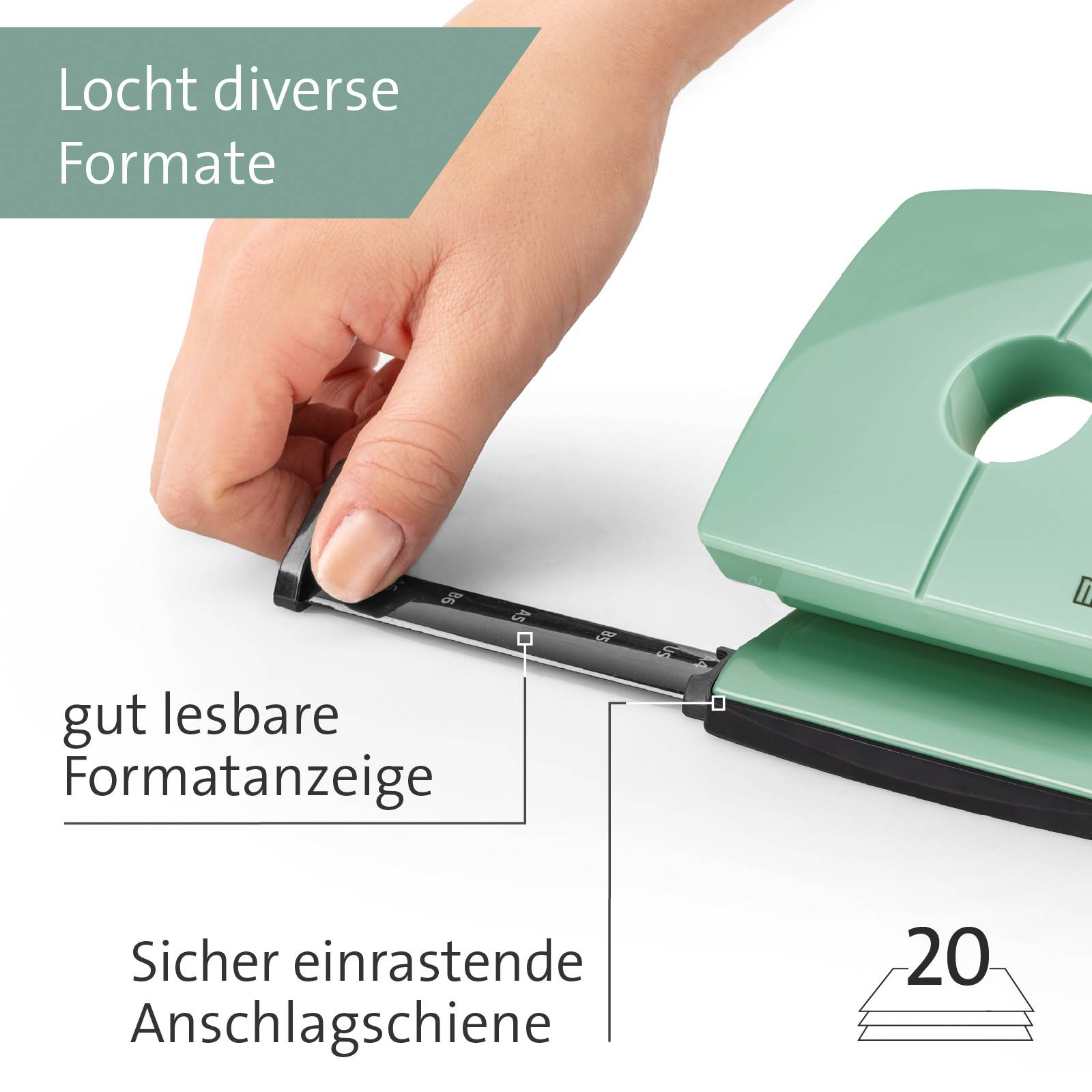 A hand is operating a green hole punch with a millimetre display. Text: 'Punches various formats', 'Format display', 'Securely locking guide rail'.