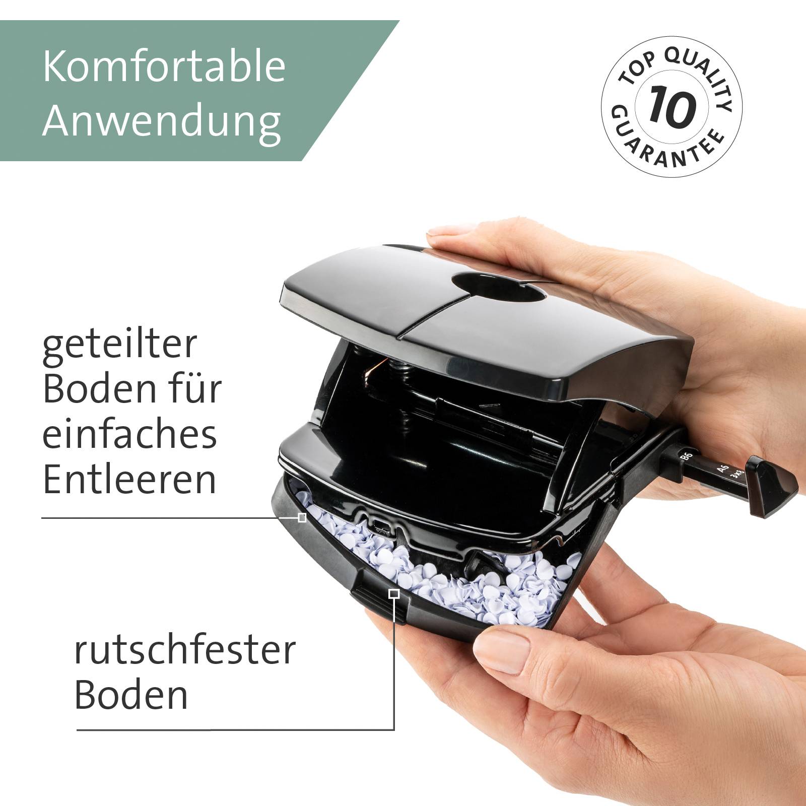 Hand holding black paper shredder; shredded paper snippets visible. Text: 'Convenient operation', 'divided base for easy emptying', 'non-slip base'.