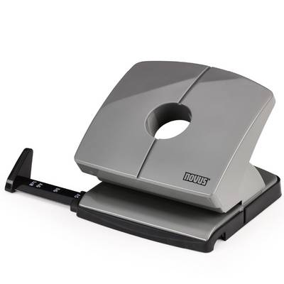 A grey, two-hole punch by Novus with an adjustable paper guide on the side.