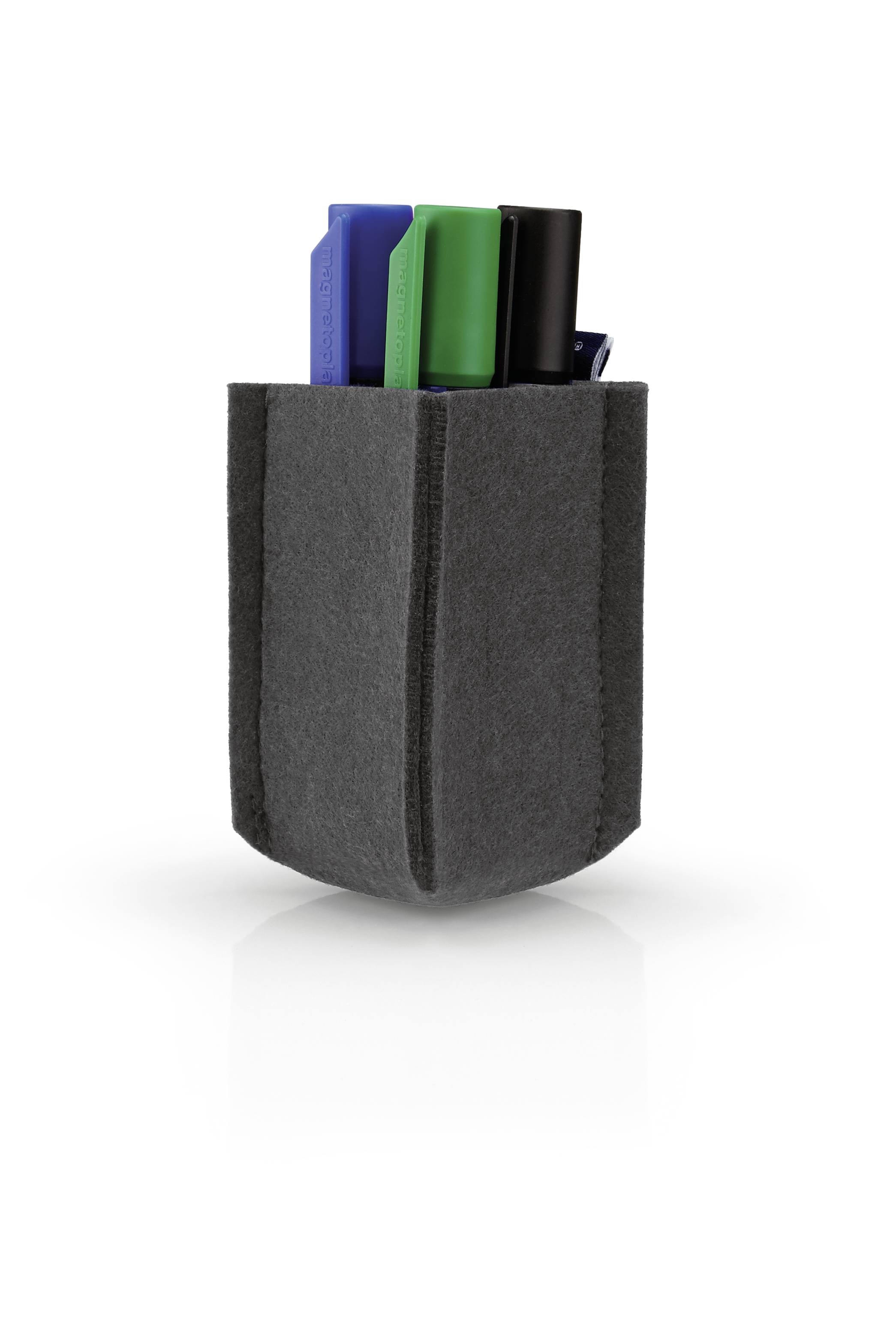 Four pens in blue, green and black are nestled in a grey, vertical pencil case on a white surface.