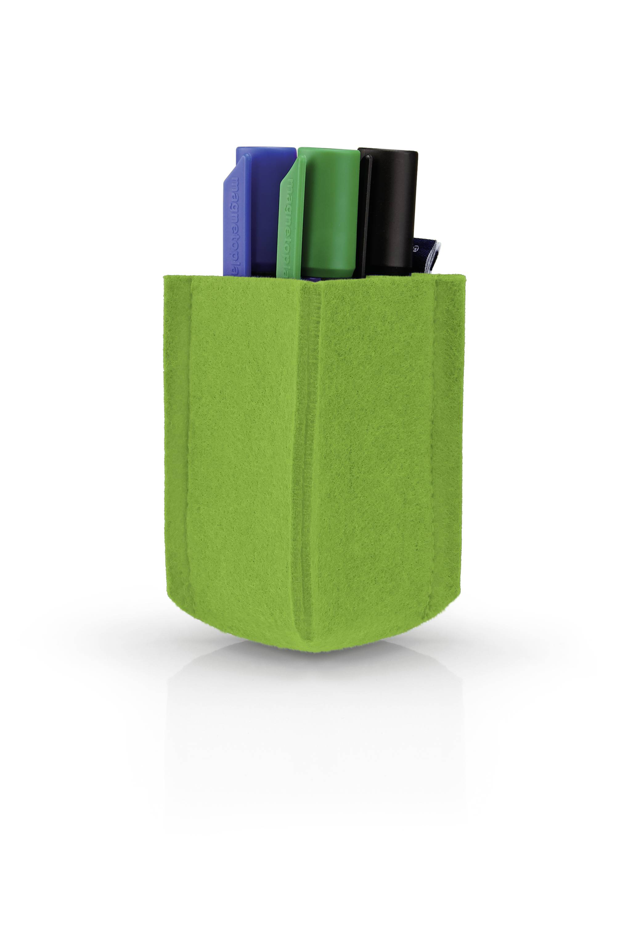 Green container with several colourful markers, including blue, green and black.