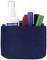 A blue pen holder contains a spray cleaner and four coloured markers in red, blue, black and green.