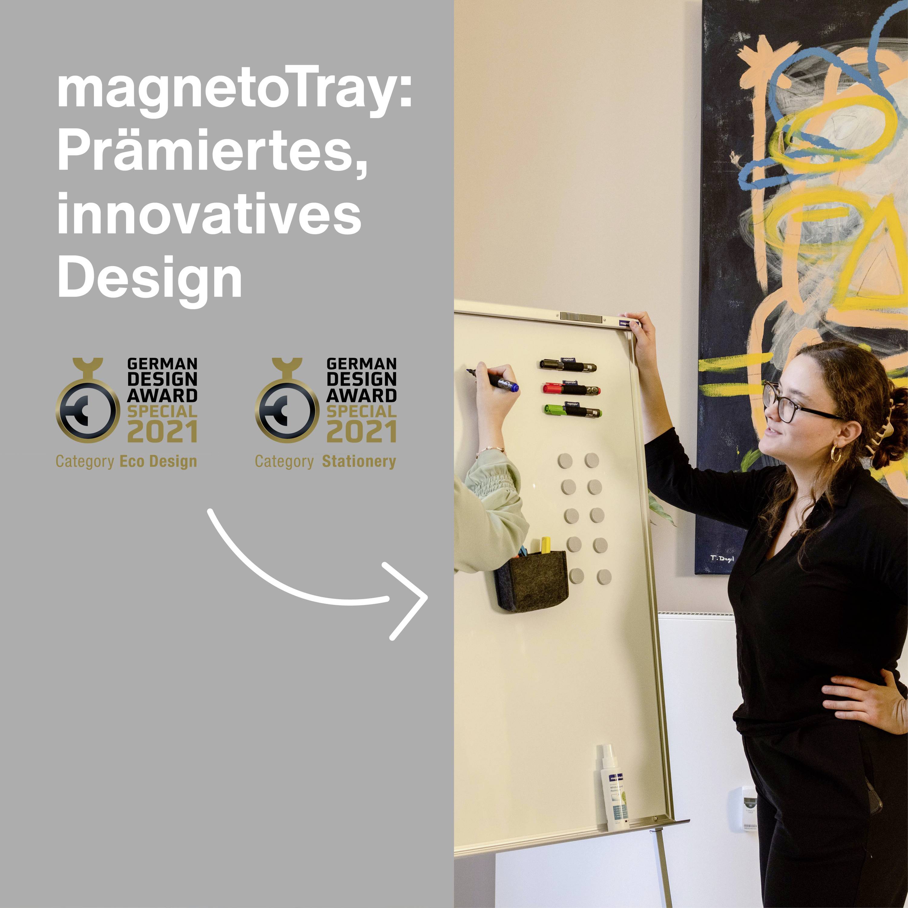 'Two women are interacting with a magnetic whiteboard organiser. Text: "magnetoTray: Award-winning, innovative design".'