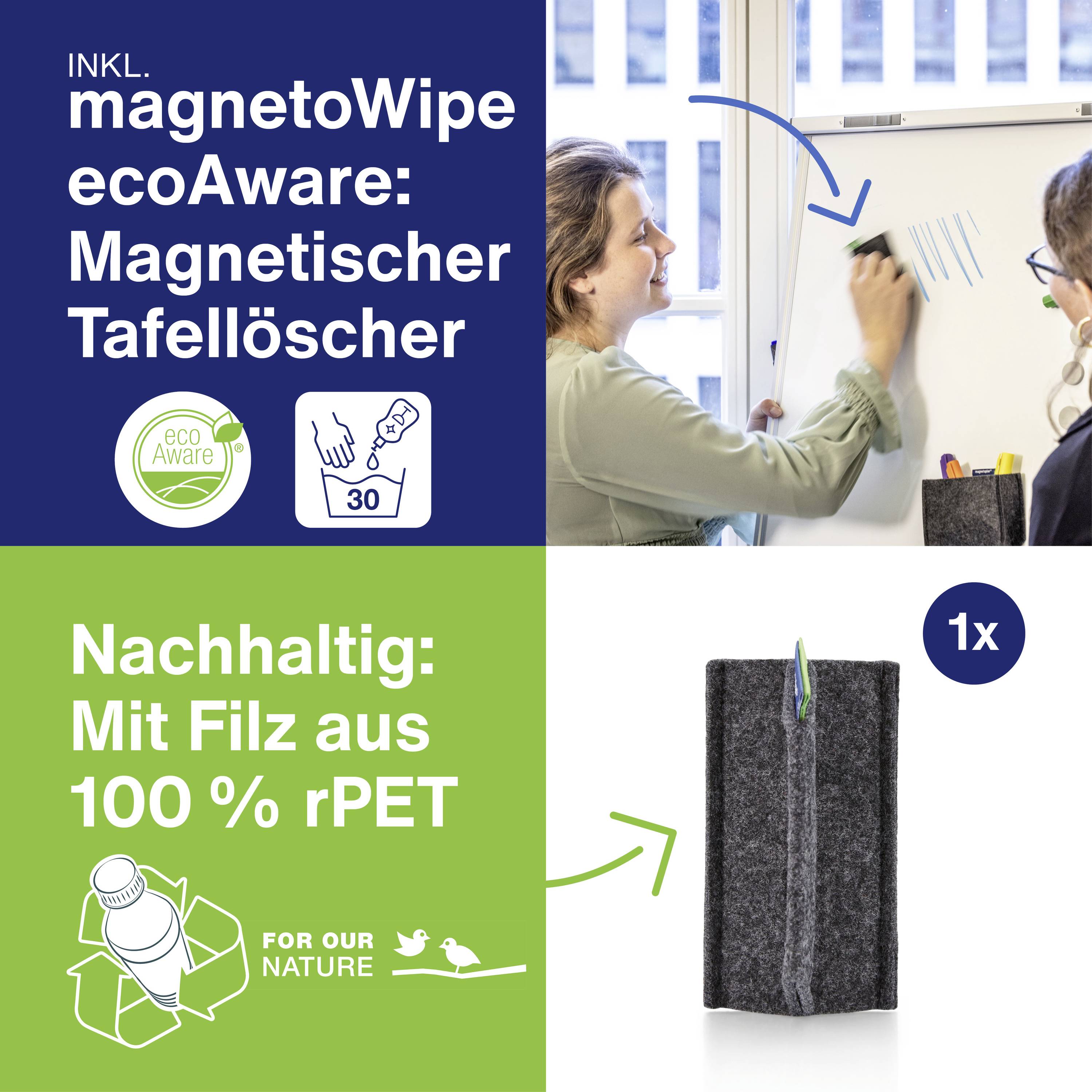 'Whiteboard Cleaner Set with magnetic wiper and cloth, made from 100% recycled PET. Person demonstrating usage on whiteboard.'
