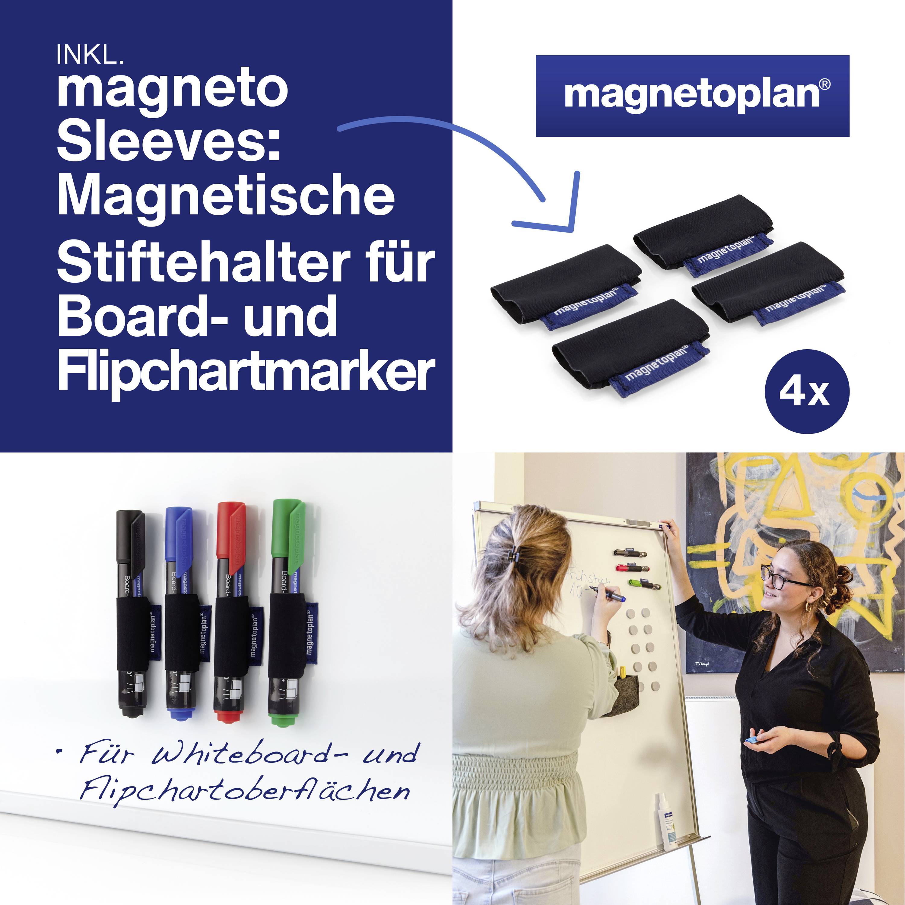 'Magneto Sleeves: Magnetic Pen Holders for Whiteboard Markers. Includes four holders. Suitable for Whiteboards and Flip Charts.'