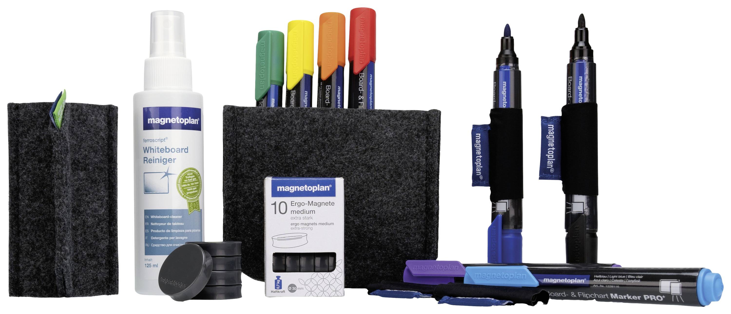 Whiteboard Cleaning Kit with Spray Bottle, Magnets, Markers in Assorted Colours, and Erasers. Perfect for Office Use.