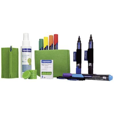 A set of whiteboard cleaner, green felt pouch, magnetic glasses, and coloured markers, presented on a white background.