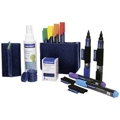 A set of whiteboard cleaner, coloured markers, round magnets, and two pen holders. Ideal for organising whiteboards.