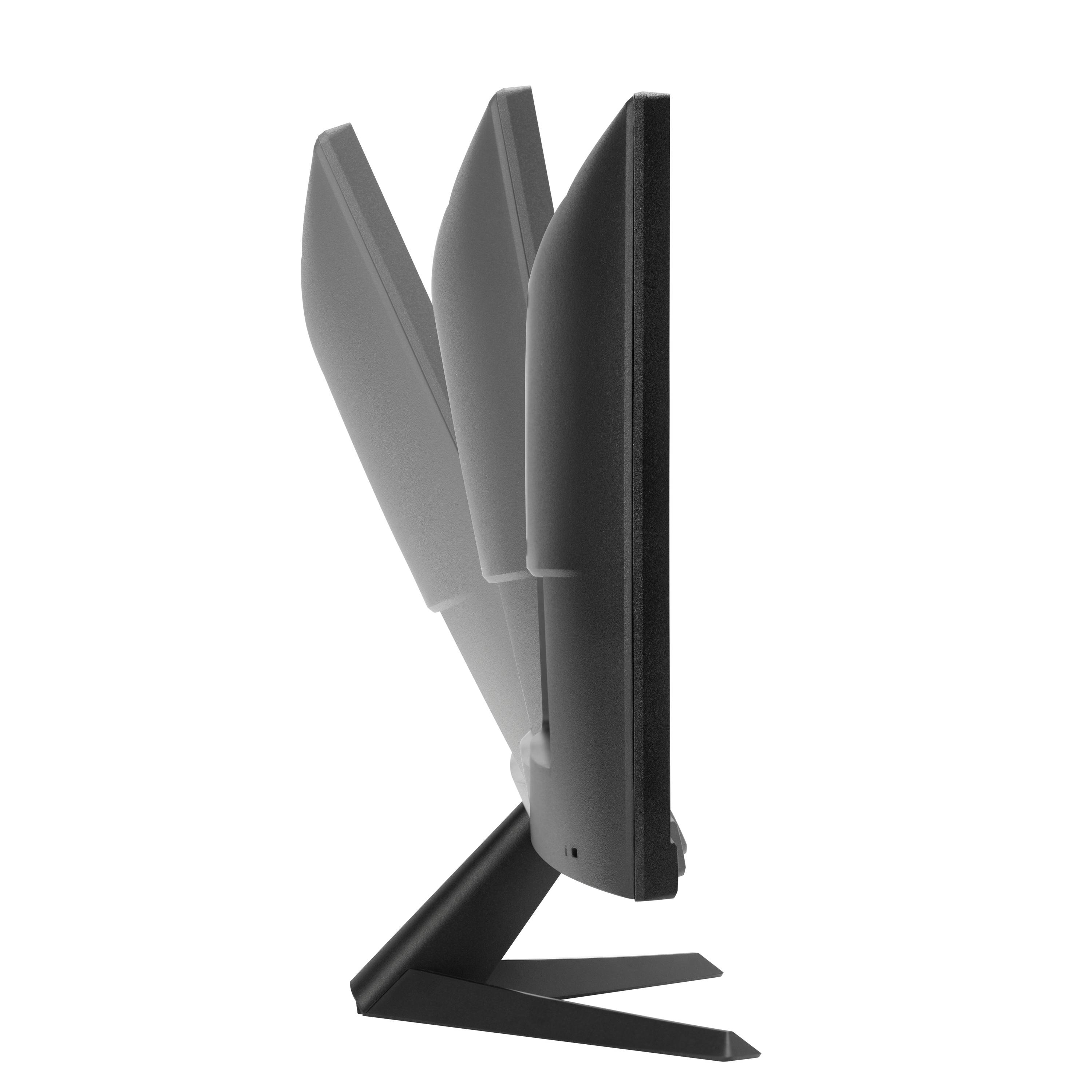 A monitor displays a side view with three different tilt angles, demonstrating flexibility in adjusting the screen position.