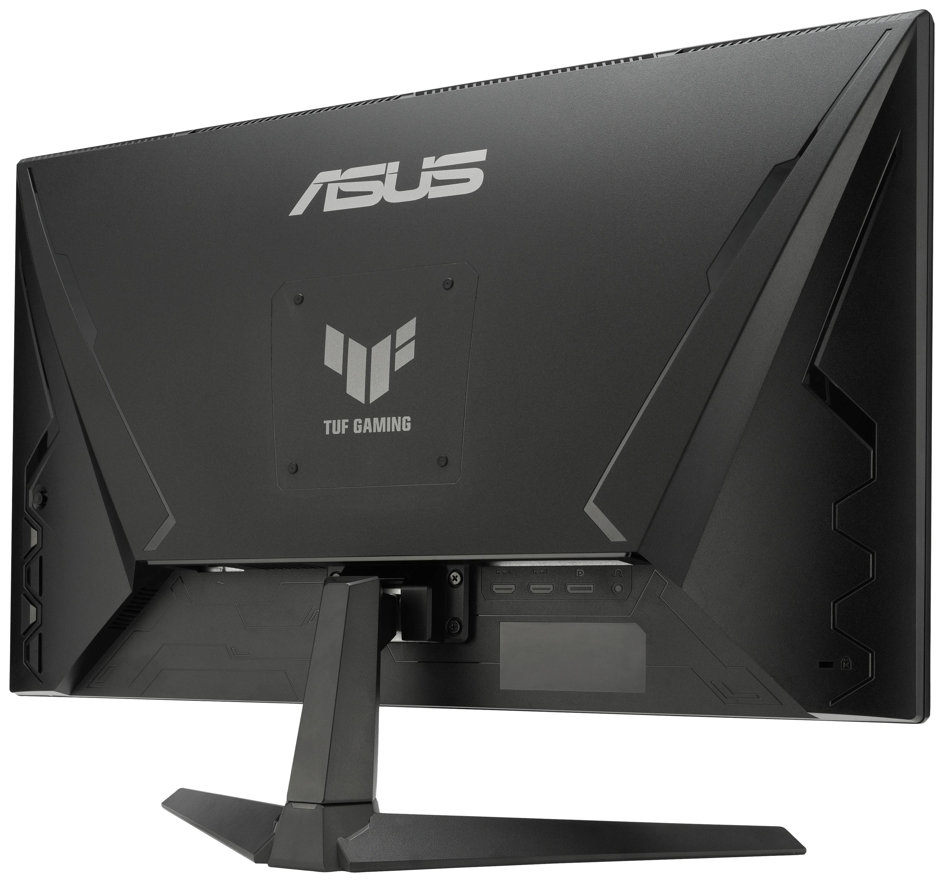 Back of a black gaming monitor with 'ASUS TUF Gaming' printed on it. Mountable, with sturdy stand.