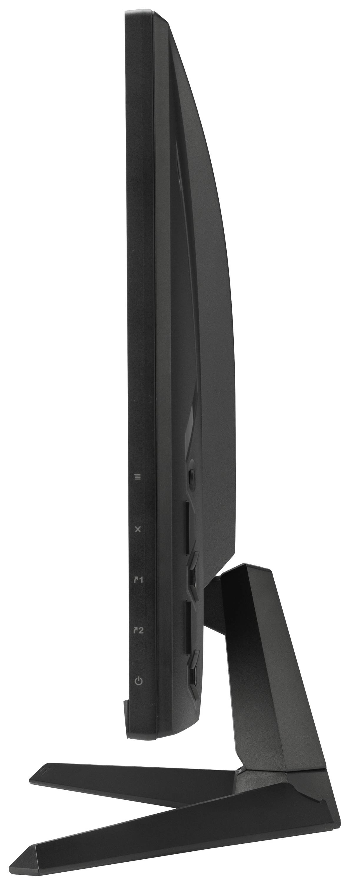 Side view of a black computer monitor with a slim screen and buttons on the side.