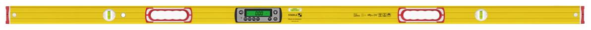 Yellow spirit level with digital display in the centre, showing an accurate measurement value for angle or levelling.
