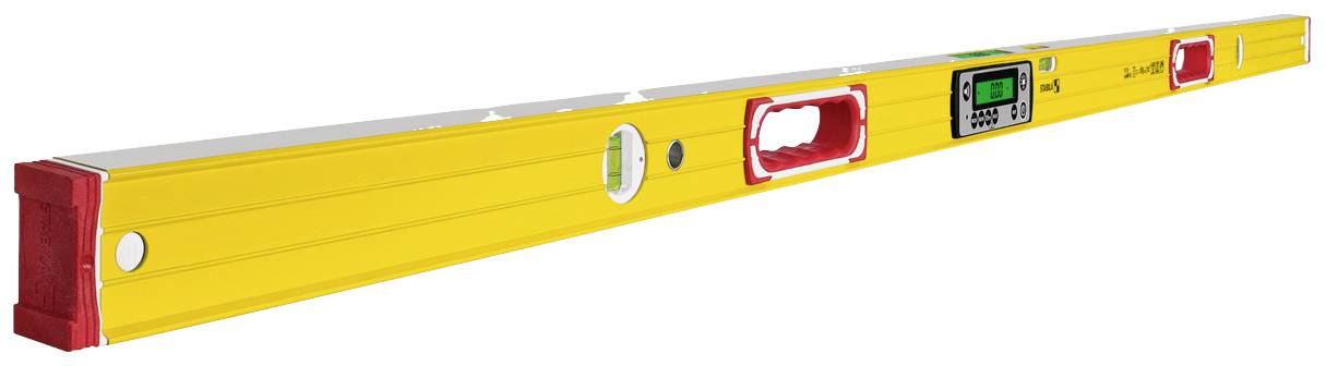 Digital spirit level with yellow casing and integrated LCD display for precise measurement of angles and levels.