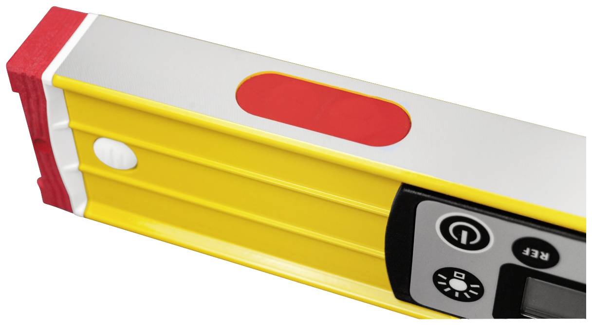A yellow spirit level body with red and white ends and a digital display. Ideal for precise levelling.