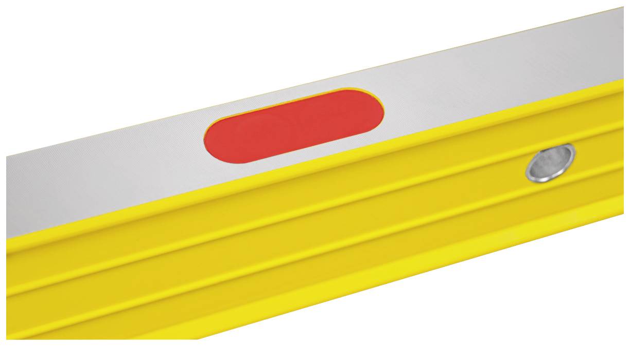 Spirit level with a yellow casing and visible bubble vial, positioned on a smooth surface.