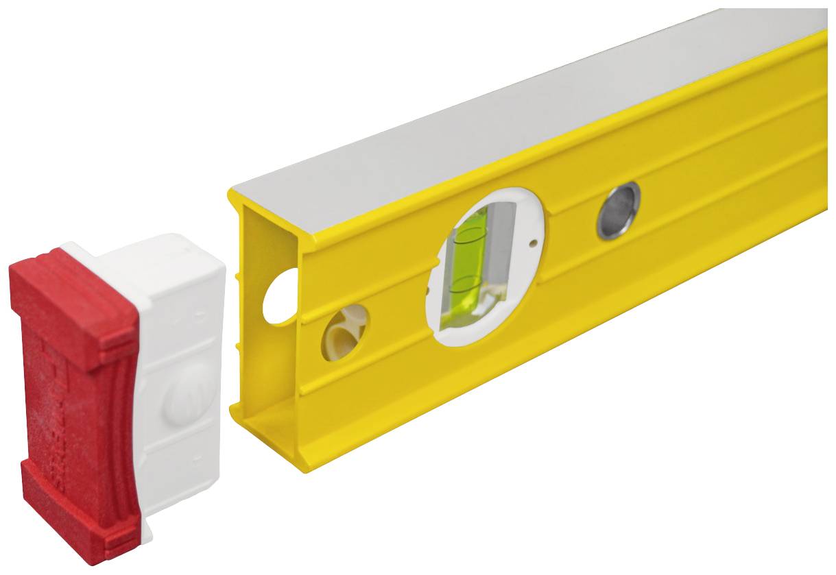 A yellow spirit level with a removable red end piece, showing a bubble vial for checking the horizontal alignment.