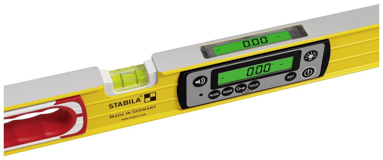 Spirit level with digital display and bubble vial, showing zero degrees. 'Stabila' brand name is visible. Promotes precise measurement.
