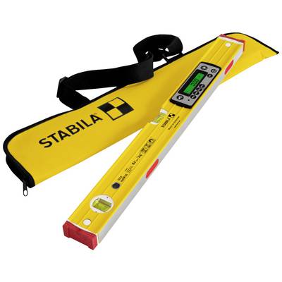 Digital spirit level with display and yellow carry case, 'Stabila' brand name on the case. Device for precise measurement.